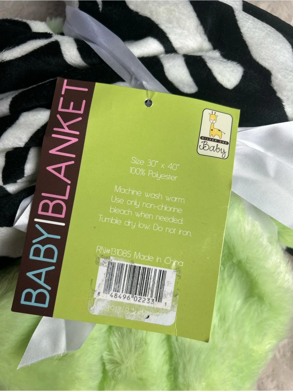 Silver One Zebra Stripes Print Baby Blanket Black White Green Reversible Lovey